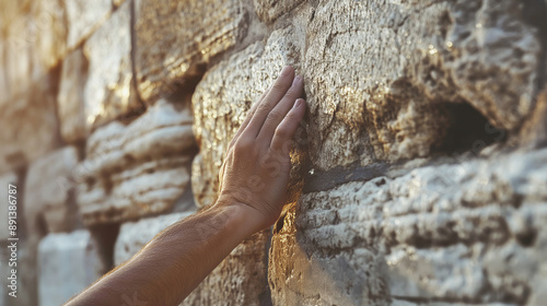 Touching the ancient stone wall, close up hand in sunlight, tactile human experience with historic architecture, ancient architecture concept photo