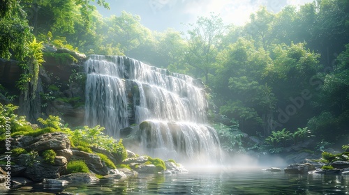 Serene Minimalist Waterfall in the Rainy Season - Hyper-Realistic 3D Rendering