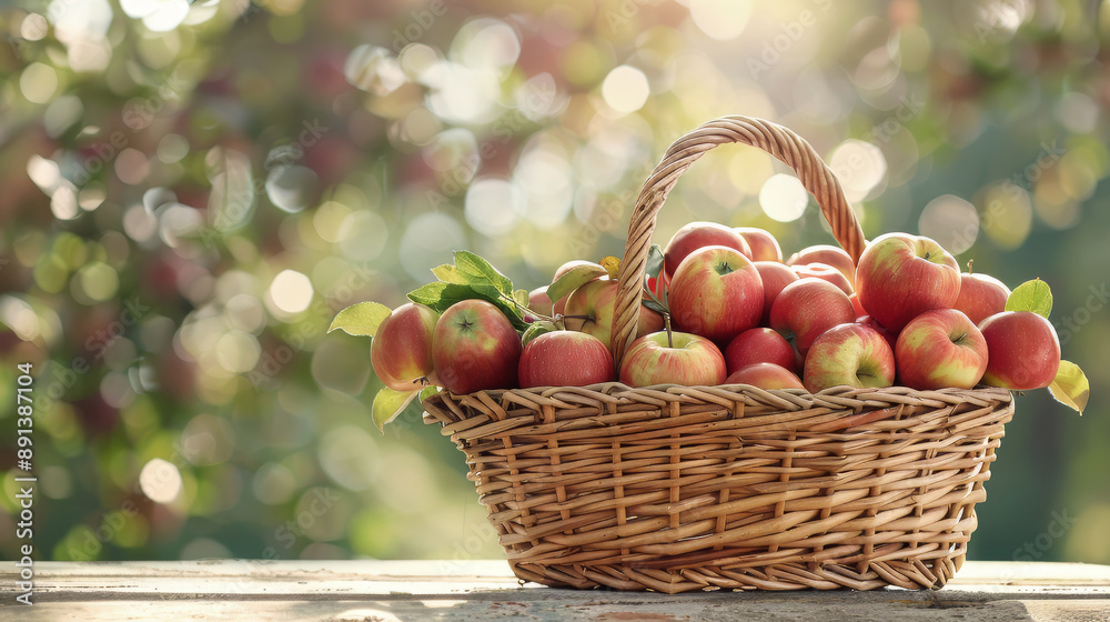 The wicker basket filled with freshly picked apples on wooden table, outdoors with bokeh background, ripe fruit in sunlight, autumn harvest concept The wicker basket filled with freshly picked apples on wooden table, outdoors with bokeh background, ripe fruit in sunlight, autumn harvest concept