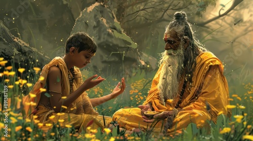 Grunge illustration for Guru Purnima with sage and young disciple.