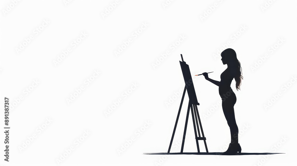 © ChimE - Young woman silhouette painting on easel against white background, concept of hobby and creativity.
