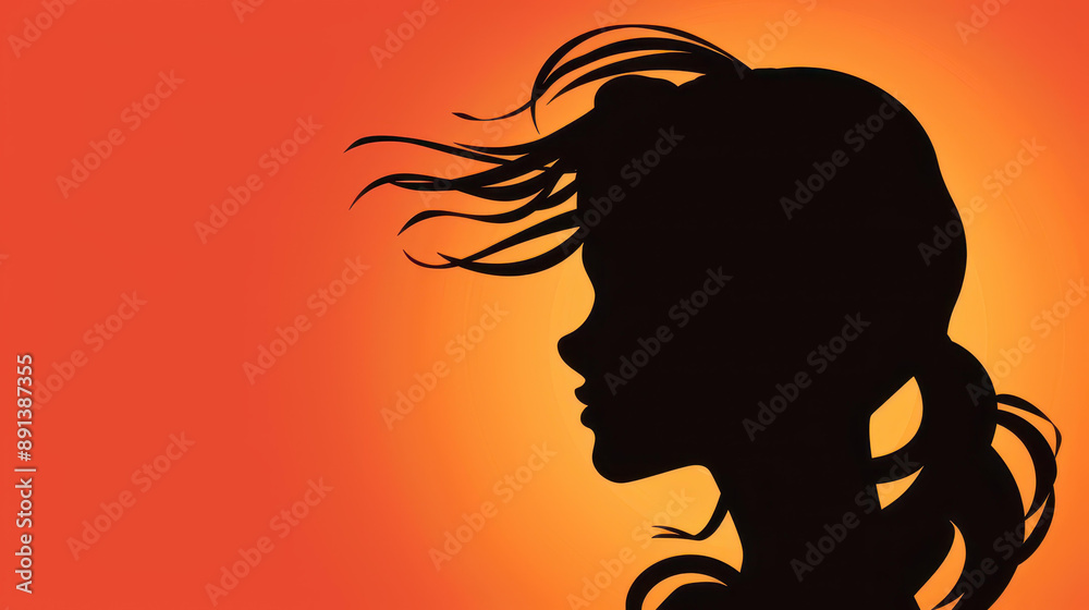 Striking silhouette Young woman with long curly hair set against vibrant orange backdrop.