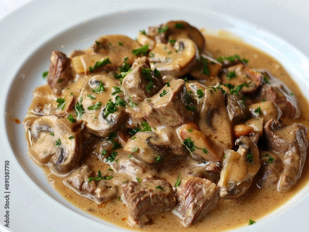 Rich Mushroom Stroganoff with Tender Beef Slices and a Creamy Sauce Rich Mushroom Stroganoff with Tender Beef Slices and a Creamy Sauce