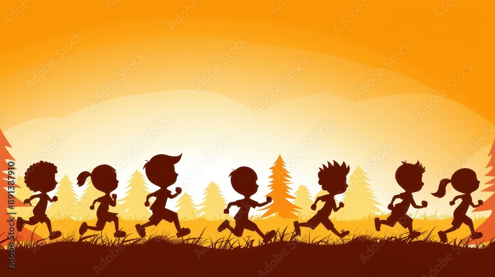 Playful and vibrant silhouette illustration of children jumping and running. Playful and vibrant silhouette illustration of children jumping and running.