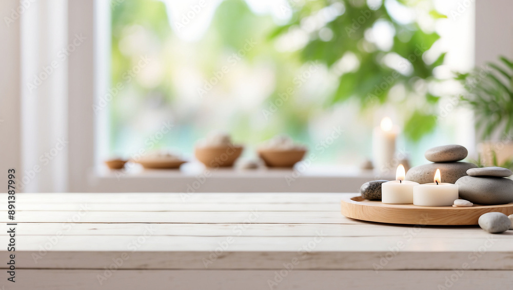empty white wooden desk with blurred background of spa environment empty white wooden desk with blurred background of spa environment