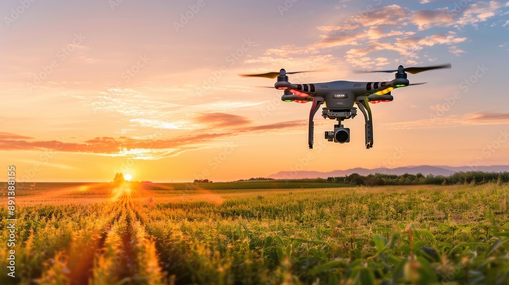 Drones hovering over crop fields, demonstrating the use of technology in modernizing agriculture. Drones hovering over crop fields, demonstrating the use of technology in modernizing agriculture.