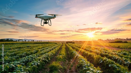 Drones in action over expansive farmlands, illustrating the role of technology in revolutionizing agriculture.