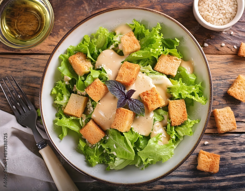Top View of Classic Caesar Salad with Crunchy Croutons, Fresh Lettuce, and Creamy Dressing in a Ceramic Bowl on a Rustic Wooden Table - High-Resolution Food Photography Top View of Classic Caesar Salad with Crunchy Croutons, Fresh Lettuce, and Creamy Dressing in a Ceramic Bowl on a Rustic Wooden Table - High-Resolution Food Photography
