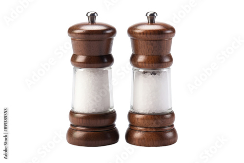 Wooden Salt and Pepper Mill Set Against a White Background on a Clear PNG or White Background.