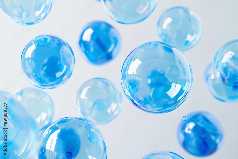 Blue bubbles floating in a white space, creating a light and airy atmosphere with a sense of movement and fluidity