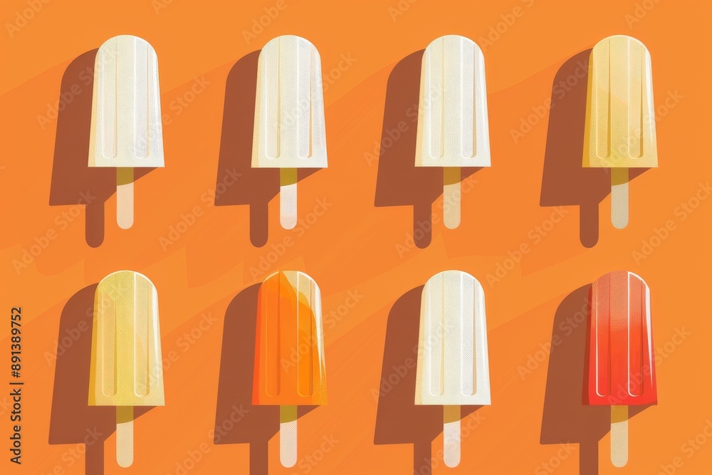 Varying popsicles on an orange background. Flat lay of ice creams in pop-art style with copy space. Horizontal format. Beautiful simple AI generated image in 4K, unique. Varying popsicles on an orange background. Flat lay of ice creams in pop-art style with copy space. Horizontal format. Beautiful simple AI generated image in 4K, unique.