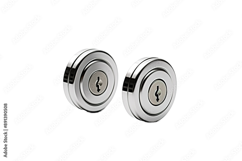 Two Shiny Silver Door Locks Resting on a White Surface on a Clear PNG or White Background. Two Shiny Silver Door Locks Resting on a White Surface on a Clear PNG or White Background.