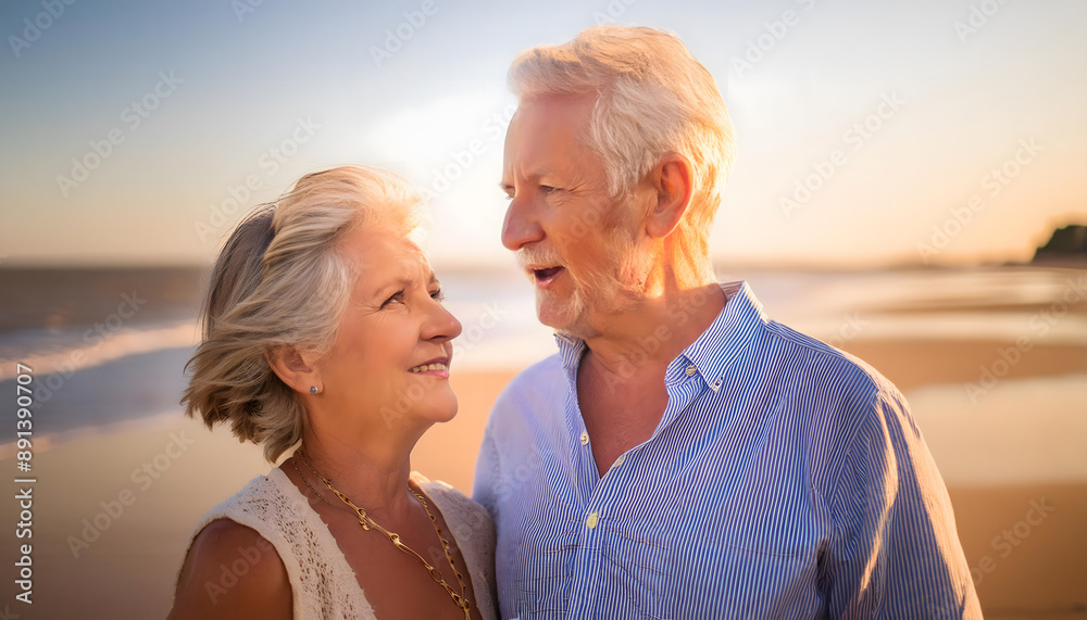 Elderly couple walking at the beach. Sunset. Romantic. Love. Elderly couple walking at the beach. Sunset. Romantic. Love.