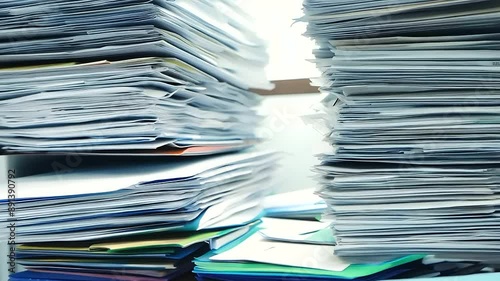 Office desk cluttered with a large stack of paperwork and documents. Business bureaucracy and administrative tasks, paperwork overload