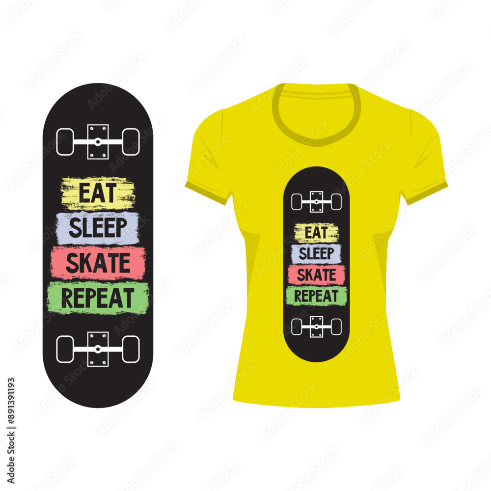 Naklejka premium Eat Skate Sleep Repeat, Silhouette of skateboard with motivational quote. Sports theme template for stickers, skate park, banner and signs. Yellow tee mockup. Printable design