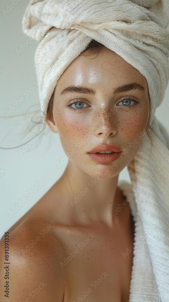 Beautiful woman with a serene expression, her face framed by a towel turban, clear and bright lighting, simple and clean background