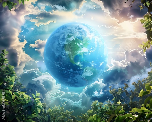 Against the backdrop of a spectacular cloudy sky a radiant blue globe symbolizes the commitment to saving our planet Surrounding it lush greenery represents the collective effort