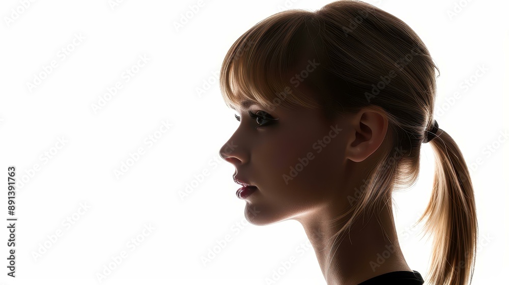 Striking silhouette of a young woman against a white backdrop. Striking silhouette of a young woman against a white backdrop.