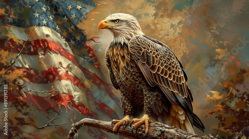 Patriotic Bald Eagle Perched on Branch with American Flag Draped Background photo