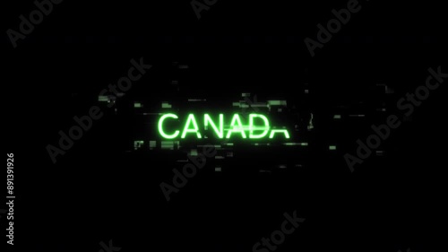 Canada text with screen effects of technological failures. Spectacular screen glitch with various kinds of interference. Looped