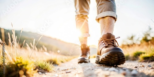 Male feet in hiking boots walking on sunlit trail 