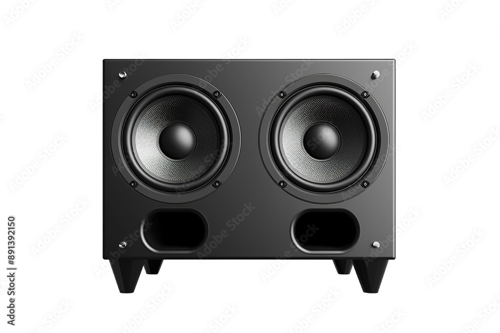 A Pair of Black Speaker Cabinets With Powerful Subwoofers on a Clear PNG or White Background. A Pair of Black Speaker Cabinets With Powerful Subwoofers on a Clear PNG or White Background.
