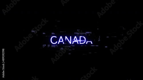 Canada text with screen effects of technological failures. Spectacular screen glitch with various kinds of interference. Looped