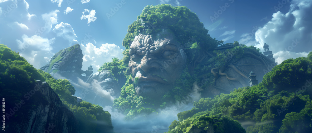 A giant mountain shaped like the head of an ancient god, surrounded by green vegetation and clouds floating in the blue sky A giant mountain shaped like the head of an ancient god, surrounded by green vegetation and clouds floating in the blue sky