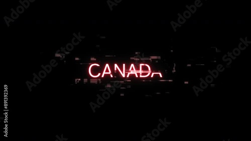 Canada text with screen effects of technological failures. Spectacular screen glitch with various kinds of interference. Looped