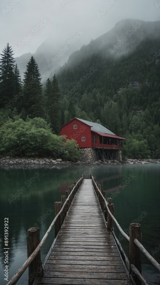 Wooden pier leads to vibrant red house perched on edge of tranquil lake, surrounded by dense, misty forests, towering mountains. Overcast sky, fog enveloping treetops create serene. Wooden pier leads to vibrant red house perched on edge of tranquil lake, surrounded by dense, misty forests, towering mountains. Overcast sky, fog enveloping treetops create serene.