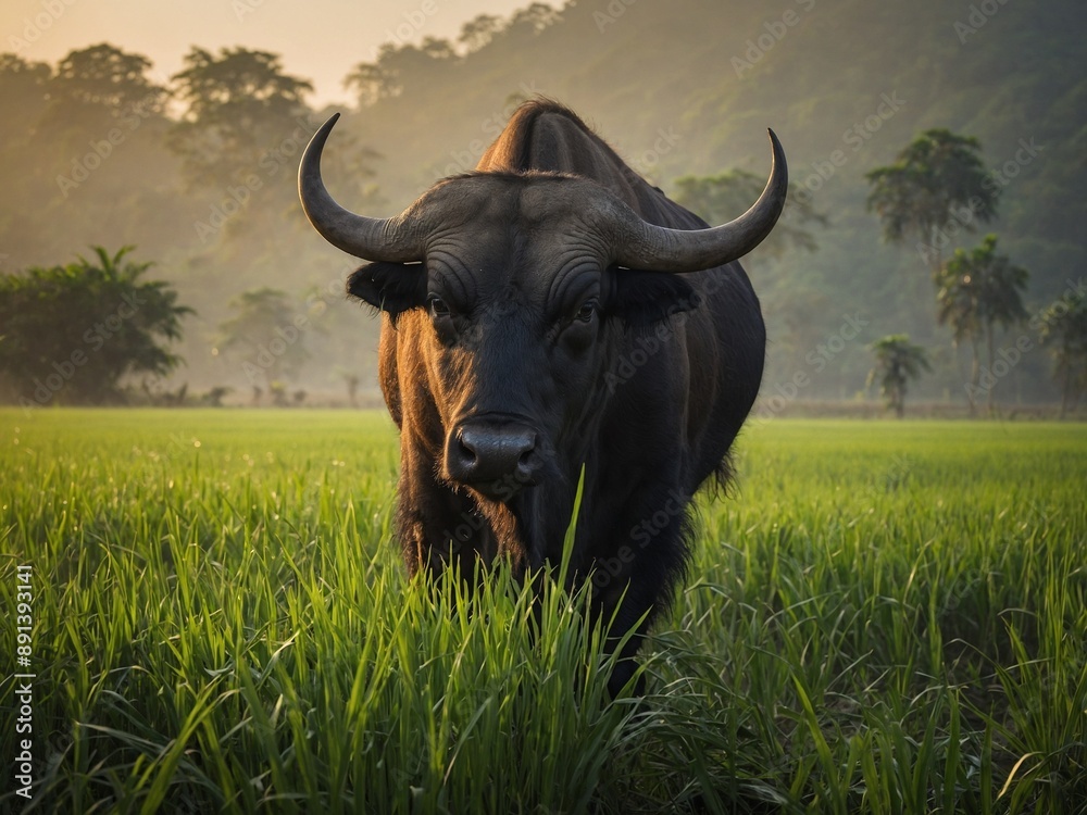 Naklejka premium In early morning light, majestic buffalo stands at center of lush green field. Its symmetrical horns curve gracefully, its gaze unwavering. Serene scene framed by hazy trees, soft-focus sky.