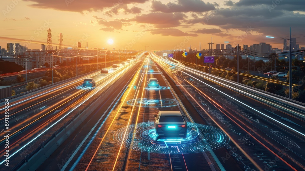 Sensing system and wireless communication network of vehicle. Autonomous car. Driverless car. Self driving vehicle. highway road with self-driving cars with signals around the cars at sunset Sensing system and wireless communication network of vehicle. Autonomous car. Driverless car. Self driving vehicle. highway road with self-driving cars with signals around the cars at sunset