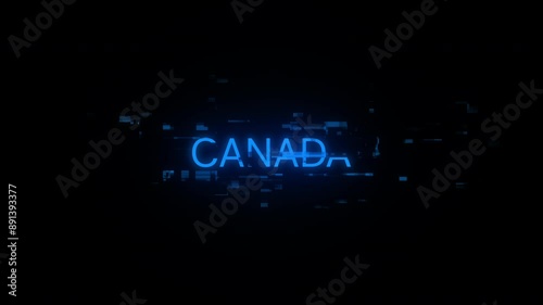 Canada text with screen effects of technological failures. Spectacular screen glitch with various kinds of interference. Looped