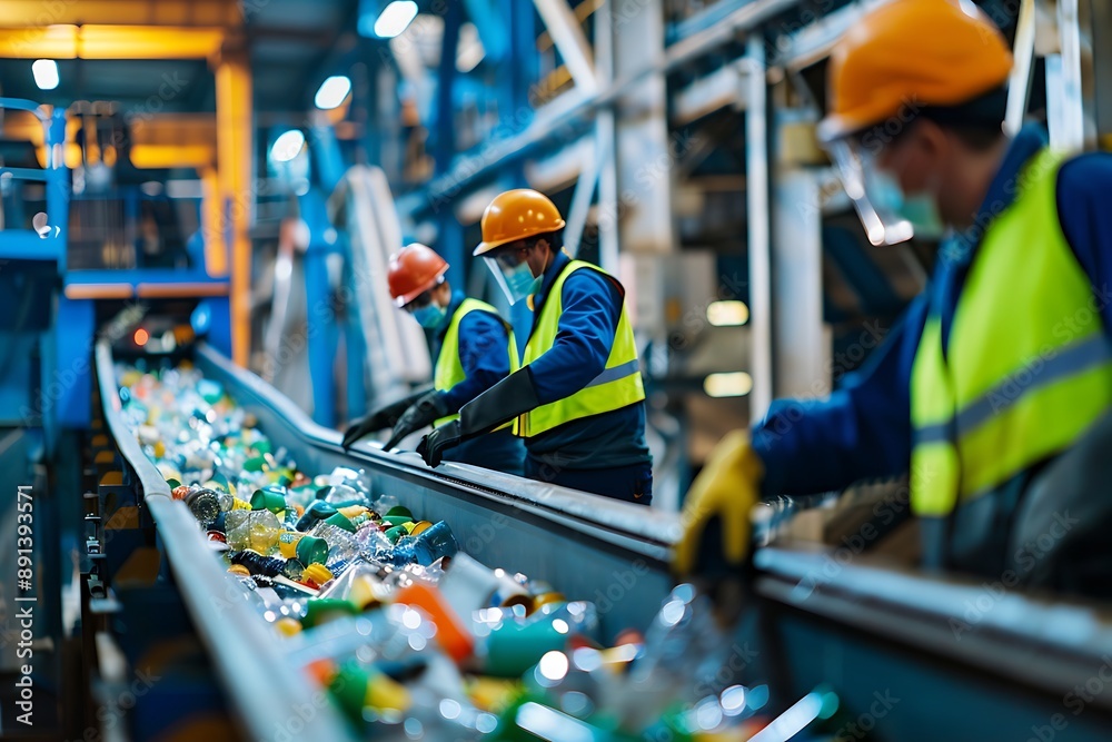 Workers in safety gear sort recyclable materials on a busy conveyor belt at a modern waste management facility Workers in safety gear sort recyclable materials on a busy conveyor belt at a modern waste management facility