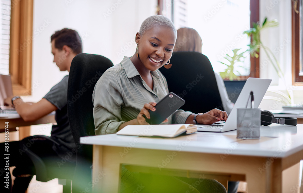 Fototapeta premium Woman, smile and cellphone in office for notification, social media and online for research. Technology, human resources and happy in workplace for career, website and internet or mobile app for chat