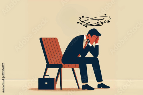 Illustration of a frustrated businessman holding his head while sitting alone in a chair. Minimalist design with a beige background.