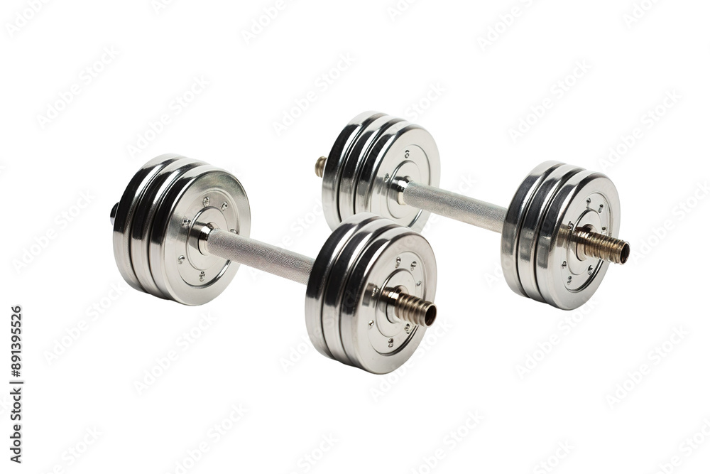 Two Chrome Dumbbells Resting on a White Surface on a Clear PNG or White Background. Two Chrome Dumbbells Resting on a White Surface on a Clear PNG or White Background.