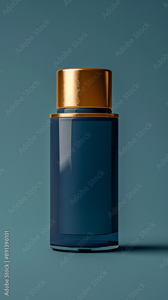 A bottle of perfume is sitting on a blue background A bottle of perfume is sitting on a blue background