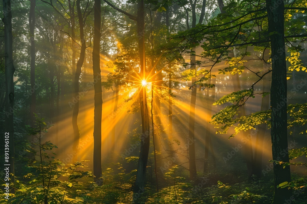 Fototapeta premium Enchanting Sunrise Through a Misty Forest Canopy