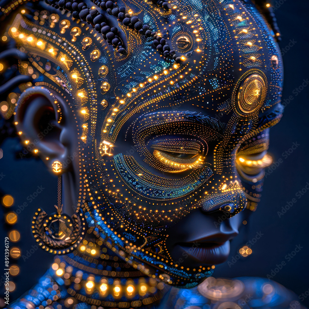 A Portrait of Enchantment: A Woman Adorned in Golden Filigree Under a Starry Veil A Portrait of Enchantment: A Woman Adorned in Golden Filigree Under a Starry Veil
