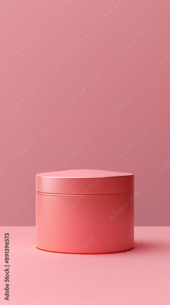 A pink container with a gold rim sits on a pink background A pink container with a gold rim sits on a pink background