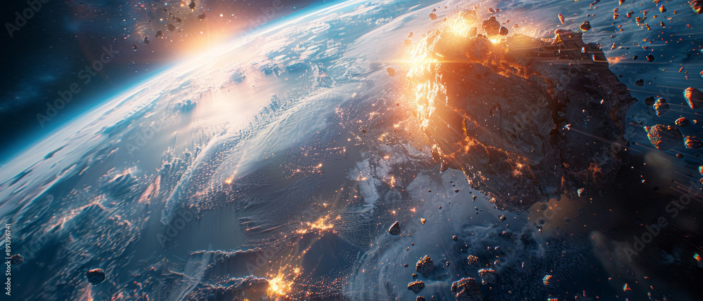 Exploded Erth A massive asteroid approaching Earth, about to hit the planet's surface ...