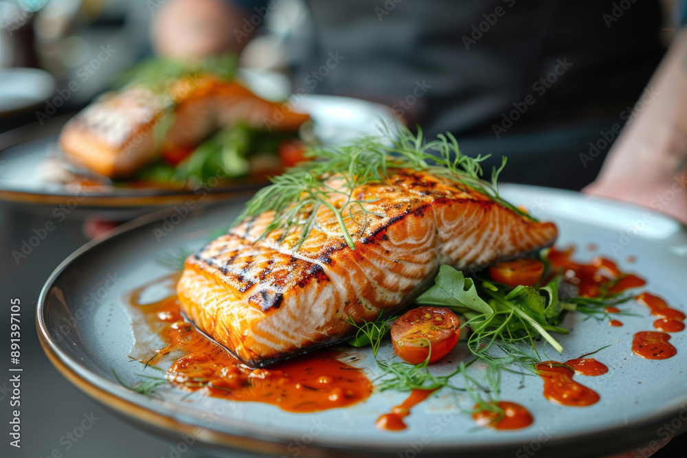 A plate of delicious and elegant dishes with fresh salmon, elegantly served by the waiter in a restaurant, with the focus on the fish dish. A plate of delicious and elegant dishes with fresh salmon, elegantly served by the waiter in a restaurant, with the focus on the fish dish.