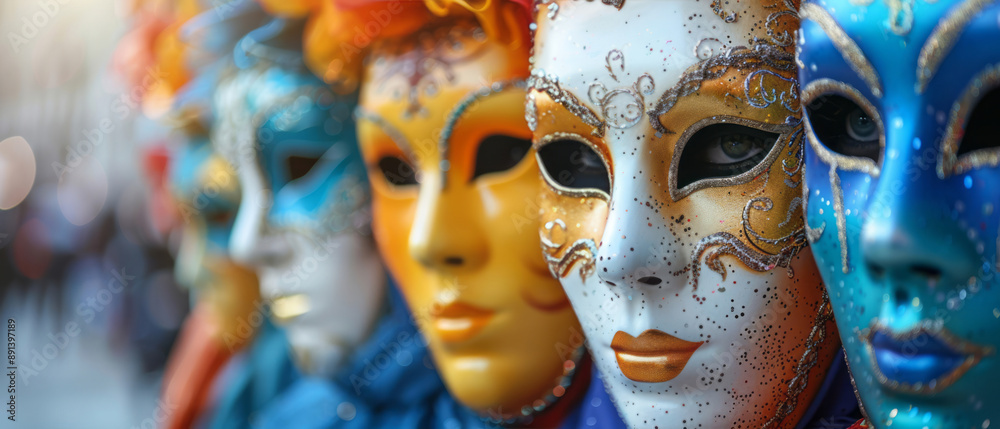 Colorful masks on display at the bustling carnival, with a soft bokeh background. Colorful masks on display at the bustling carnival, with a soft bokeh background.