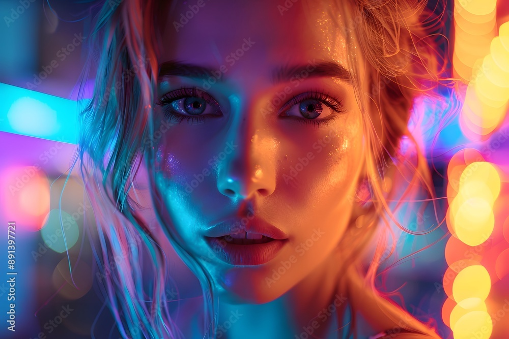 Captivating Portrait with Neon Lights and Radiant Skin Captivating Portrait with Neon Lights and Radiant Skin