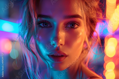 Captivating Portrait with Neon Lights and Radiant Skin