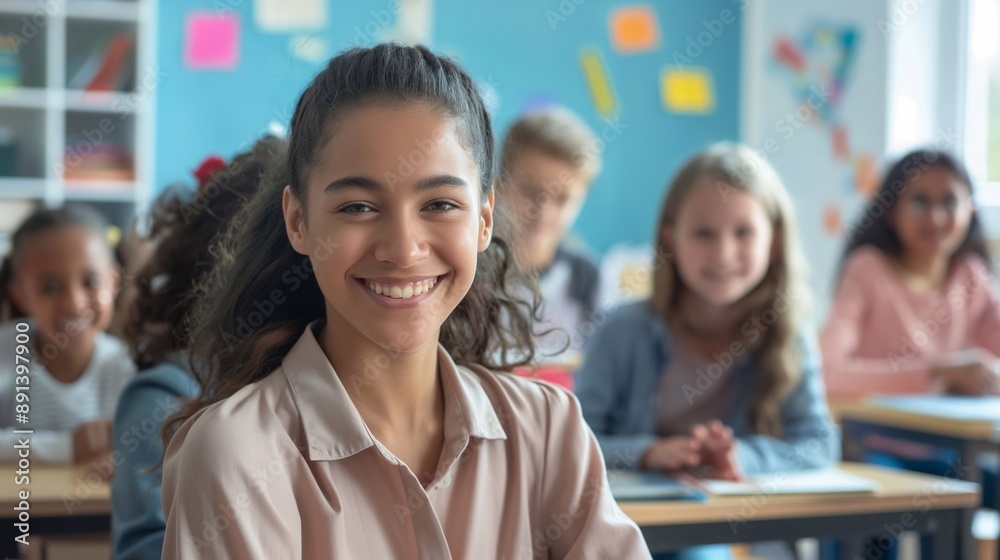 A cheerful classroom setting filled with diverse students with a radiant smile, representing the positive and inclusive atmosphere of the learning environment. A Black girl A cheerful classroom setting filled with diverse students with a radiant smile, representing the positive and inclusive atmosphere of the learning environment. A Black girl