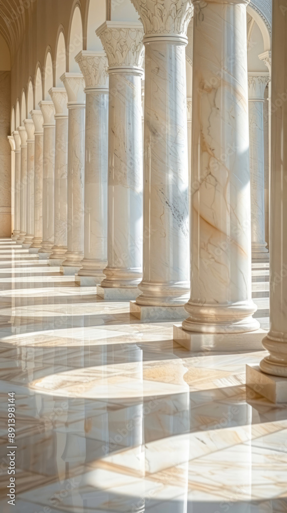 A row of white marble pillars, featuring smooth curves and a glossy finish, representing the grandeur of classical architecture or modern architectural design