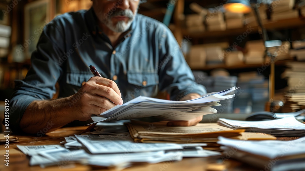 Accountant preparing tax documentation, entering financial data into accounting software, with piles of receipts and invoices