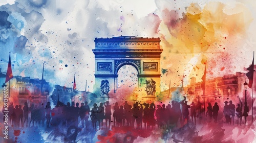 Watercolor illustration of Bastille Day celebration with group of people in front of Arc de Triomphe. photo